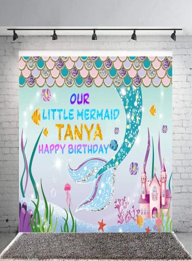 Theme My Party Mermaid Birthday Backdrop - Personalized Mermaid Theme Backdrop - 4ft x 4ft - Multi-colored - Image 1